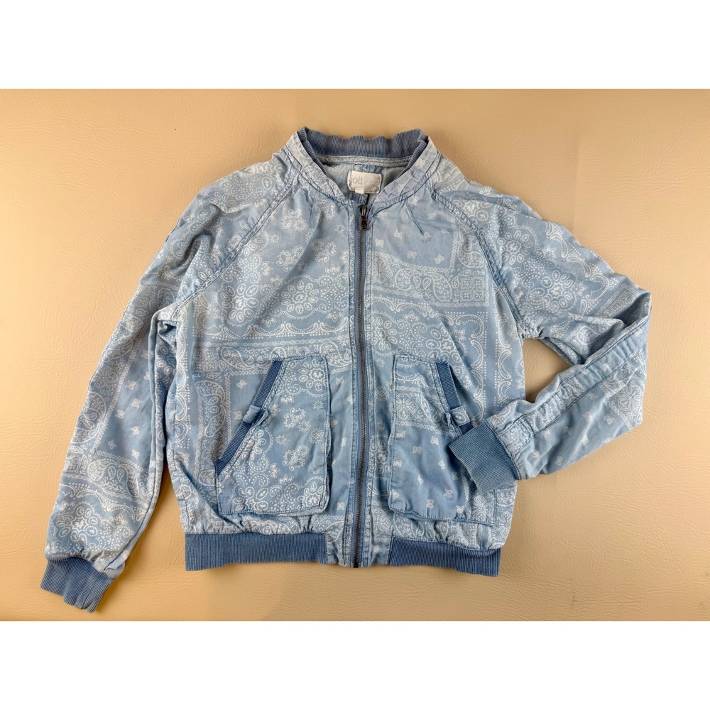 Boho Paisley Bandana Bomber Jacket Light Wash Blue Large